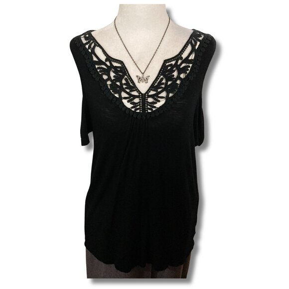 KISMET Black cold shoulder top with crochet neckline ~ Goth MEDIUM LARGE shirt - Picture 1 of 15